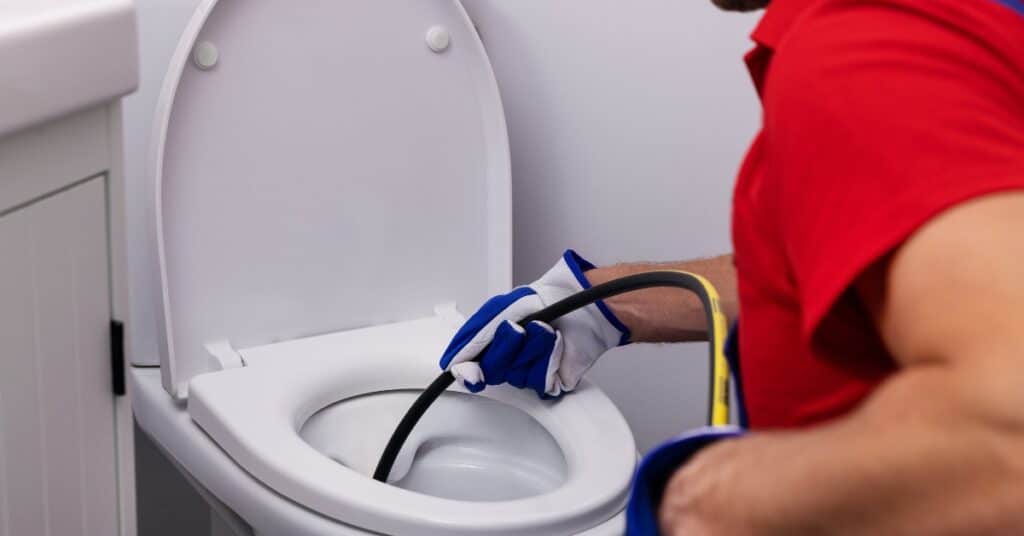 Plumber using hydro jetting equipment to unclog a toilet, demonstrating effective drain cleaning solutions for stubborn clogs.
