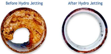 Before and after images of a drain pipe, showing significant buildup before hydro jetting and a clear pipe after hydro jetting, illustrating effective drain cleaning services by Plumbing Outfitters.
