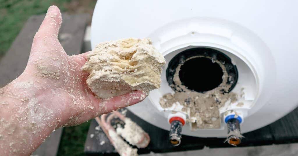 Mineral deposits and sediment buildup from a water heater, illustrating the causes of discolored hot water.
