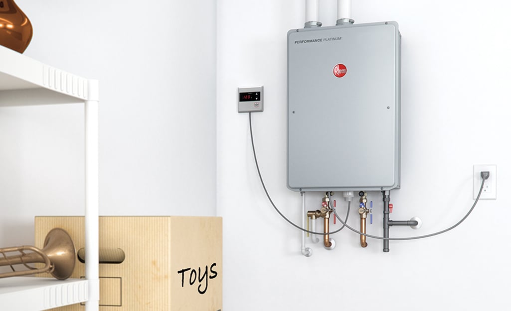Tankless water heater mounted on wall with digital display and plumbing connections, emphasizing Plumbing Outfitters' tankless water heater services in Temple, Texas.