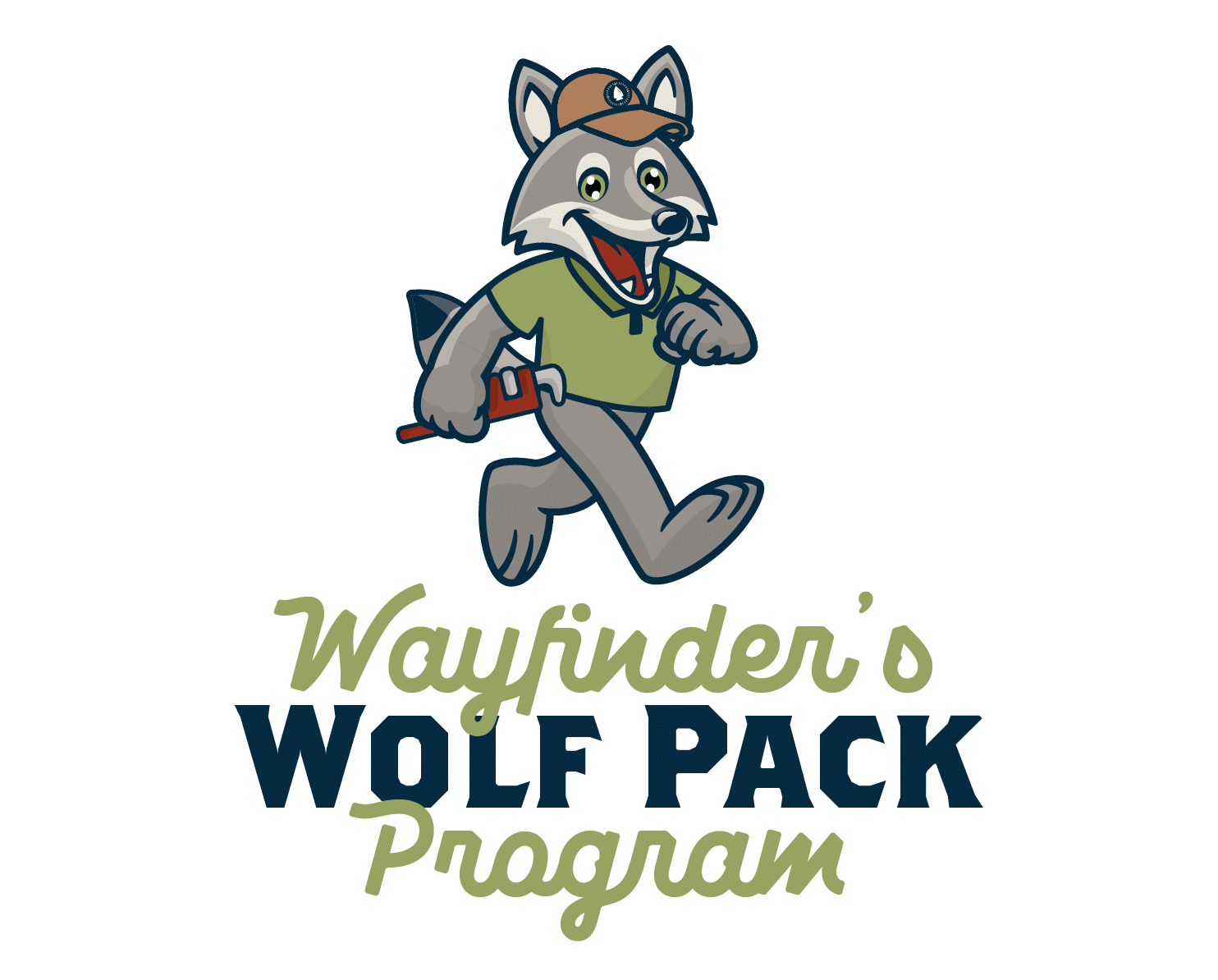 Wayfinder's Wolf Pack Program logo featuring a friendly wolf character in a green shirt and cap, holding a plumbing tool, symbolizing membership benefits like discounts and plumbing checkups.
