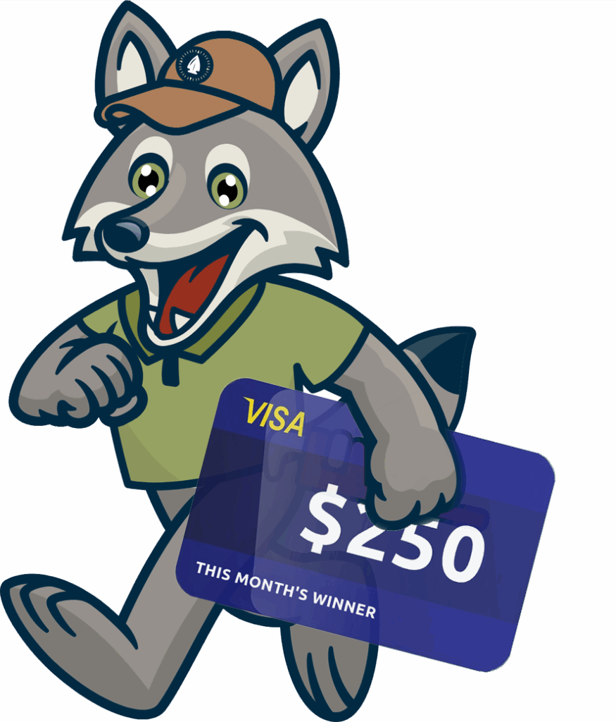 Cartoon wolf character wearing a cap and green shirt, excitedly holding a $250 Visa gift card, promoting Plumbing Outfitters' monthly giveaway.