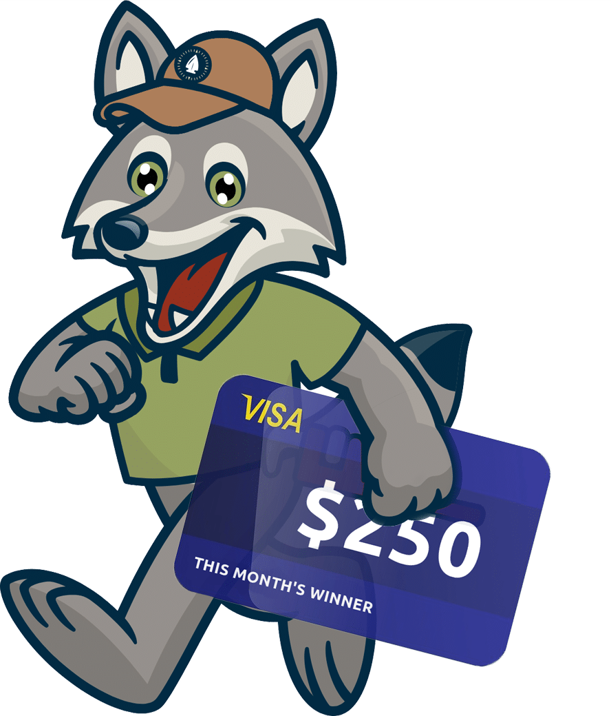 Cartoon wolf character wearing a cap and green shirt, holding a $250 Visa gift card labeled "THIS MONTH'S WINNER," representing the Plumbing Outfitters Yard Sign Giveaway.