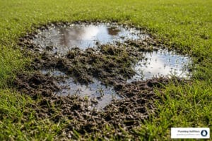 Wet spot in yard with standing water, indicating potential plumbing leak or drainage issue, surrounded by grass, relevant to diagnosing yard problems.