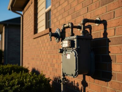 Gas meter attached to a brick wall, highlighting gas infrastructure relevant to gas leak detection and repair services in Taylor, TX.