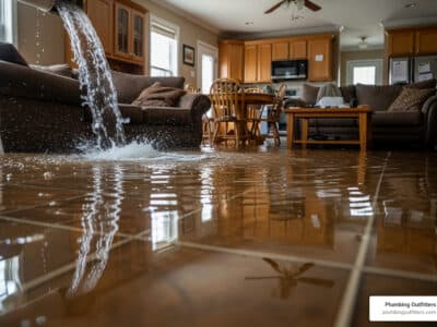 Living room flooded with water from burst pipe, showcasing furniture and tiled floor, emphasizing urgent plumbing repair needs in Austin, TX.