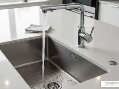 Modern kitchen sink with running water, highlighting plumbing fixtures relevant to drain cleaning services in Hutto, TX.