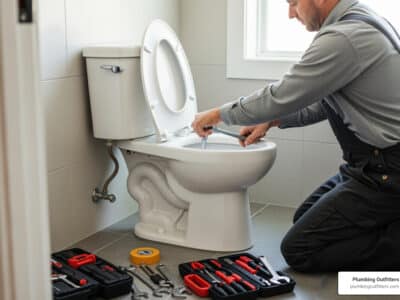 Plumber repairing a toilet with tools in a residential bathroom, emphasizing expert toilet repair services in West Lake Hills, TX.