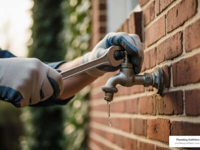 Person using a wrench to repair an outdoor faucet on a brick wall, with a droplet of water falling, illustrating plumbing services for outdoor faucet repair in Georgetown.
