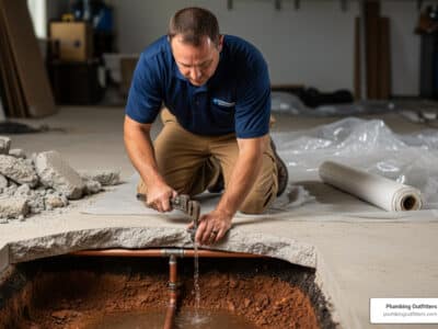 Plumber repairing a slab leak in a concrete foundation in Austin, TX, highlighting professional plumbing services for homeowners.