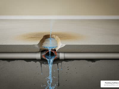 Water leaking from a damaged pipe beneath a concrete slab, illustrating a slab leak situation relevant to slab leak repair in Cedar Park, TX.