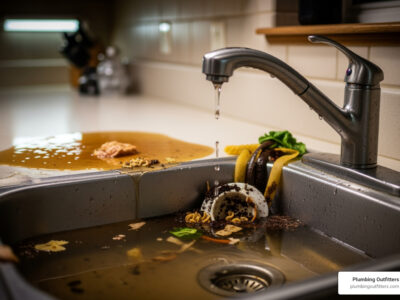 Clogged kitchen sink overflowing with dirty water and food debris, highlighting an urgent plumbing emergency in Taylor, TX, with a visible faucet and water pooling around the sink.