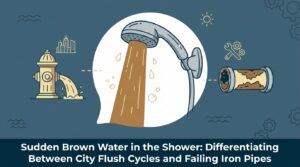 Sudden Brown Water in the Shower: Differentiating Between City Flush Cycles and Failing Iron Pipes — featured image