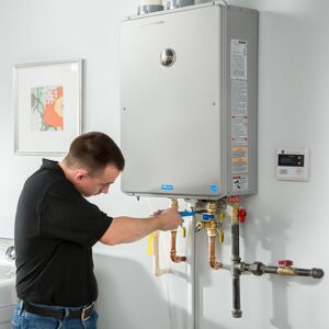 tankless water heater mounted on wall in modern home utility room