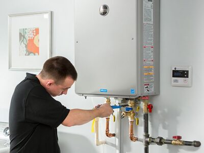 tankless water heater mounted on wall in modern home utility room